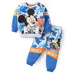 Babyhug Disney Terry Knit Full Sleeves T-Shirt & Lounge Pant Set With Mickey Mouse Graphics - Blue
