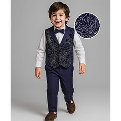 Babyhug Woven Full Sleeves Floral Embroidered Textured 3 Piece Party Suit with Bow - Navy Blue