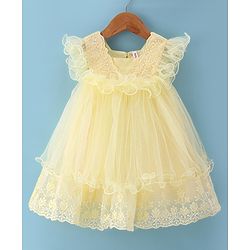 Babyhug Woven Sleeveless Fit & Flared Party Frock with Floral Embroidery & Ruffle Detailing - Light Yellow