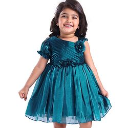 Babyhug Woven Half Sleeves Shimmered Party Dress With Pintuck Design & Corsage Applique - Teal Blue