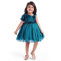 Babyhug Woven Half Sleeves Shimmered Party Dress With Pintuck Design & Corsage Applique - Teal Blue