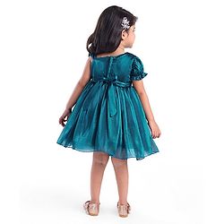 Babyhug Woven Half Sleeves Shimmered Party Dress With Pintuck Design & Corsage Applique - Teal Blue