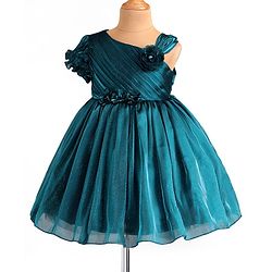 Babyhug Woven Half Sleeves Shimmered Party Dress With Pintuck Design & Corsage Applique - Teal Blue