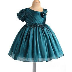 Babyhug Woven Half Sleeves Shimmered Party Dress With Pintuck Design & Corsage Applique - Teal Blue