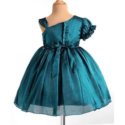 Babyhug Woven Half Sleeves Shimmered Party Dress With Pintuck Design & Corsage Applique - Teal Blue