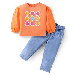 Babyhug Single Jersey Knit Full Sleeves Floral Printed T-Shirt & Solid Denim Jeans Set - Rust Orange & Light Blue