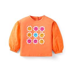 Babyhug Single Jersey Knit Full Sleeves Floral Printed T-Shirt & Solid Denim Jeans Set - Rust Orange & Light Blue