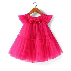 Babyhug Woven Frill Sleeves A Line Tiered Party Dress with Floral Corsage - Dark Pink
