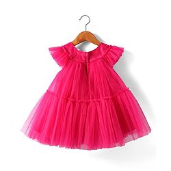 Babyhug Woven Frill Sleeves A Line Tiered Party Dress with Floral Corsage - Dark Pink