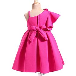 Babyhug Woven One Shoulder Sleeves Party Dress With Floral Applique & Sequin Detailing - Dark Pink