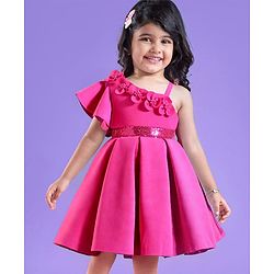 Babyhug Woven One Shoulder Sleeves Party Dress With Floral Applique & Sequin Detailing - Dark Pink
