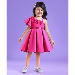 Babyhug Woven One Shoulder Sleeves Party Dress With Floral Applique & Sequin Detailing - Dark Pink