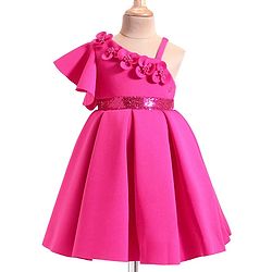Babyhug Woven One Shoulder Sleeves Party Dress With Floral Applique & Sequin Detailing - Dark Pink