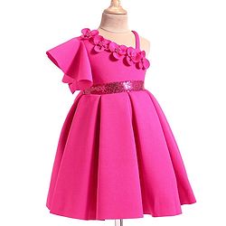 Babyhug Woven One Shoulder Sleeves Party Dress With Floral Applique & Sequin Detailing - Dark Pink