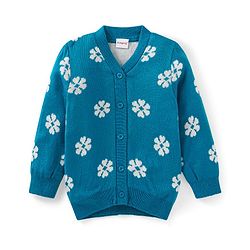 Babyhug Knitted Full Sleeves Front Open Sweater with Floral Design - Teal Blue