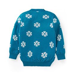 Babyhug Knitted Full Sleeves Front Open Sweater with Floral Design - Teal Blue
