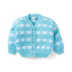 Babyhug Knit Full Sleeves Front Open  Sweater with Herat Design - Light Blue