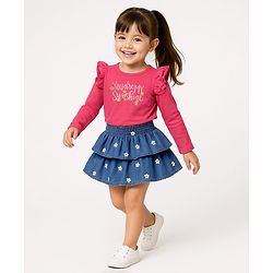 Babyhug Single Jersey Knit Full Sleeves Text Print Top with Frill Detailing and Layered Skirt Set - Navy Blue & Dark Pink