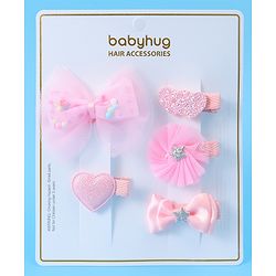 Babyhug Hair Pins And Clips With Bow & Heart Applique Pack of 5 - Pink