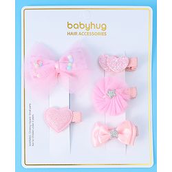 Babyhug Hair Pins And Clips With Bow & Heart Applique Pack of 5 - Pink