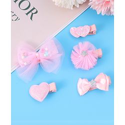 Babyhug Hair Pins And Clips With Bow & Heart Applique Pack of 5 - Pink