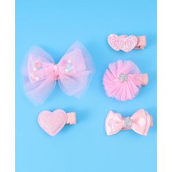 Babyhug Hair Pins And Clips With Bow & Heart Applique Pack of 5 - Pink