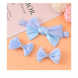 Babyhug Headband and Hair Clips with Bow & Rhinestones Applique Combo Pack - Sky Blue