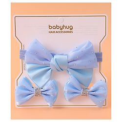 Babyhug Headband and Hair Clips with Bow & Rhinestones Applique Combo Pack - Sky Blue