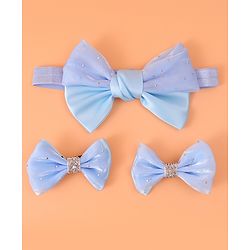 Babyhug Headband and Hair Clips with Bow & Rhinestones Applique Combo Pack - Sky Blue