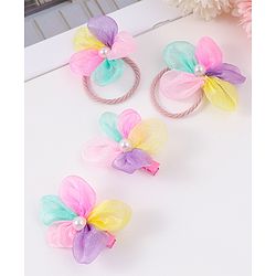 Babyhug Free Size Rubber Bands & Clips With Flower Applique - Multicolor