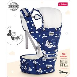 Babyhug Disney Mickey Mouse 9-in-1 Ergonomic Baby Carrier with Hip Seat: Breathable fabric, Detachable hood, Padded straps, Pocket storage, and 9 carrying positions for babies up to 15 kg- Dark Blue
