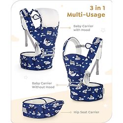 Babyhug Disney Mickey Mouse 9-in-1 Ergonomic Baby Carrier with Hip Seat: Breathable fabric, Detachable hood, Padded straps, Pocket storage, and 9 carrying positions for babies up to 15 kg- Dark Blue