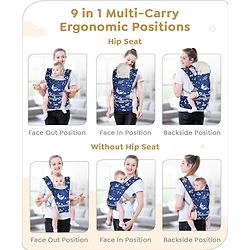 Babyhug Disney Mickey Mouse 9-in-1 Ergonomic Baby Carrier with Hip Seat: Breathable fabric, Detachable hood, Padded straps, Pocket storage, and 9 carrying positions for babies up to 15 kg- Dark Blue