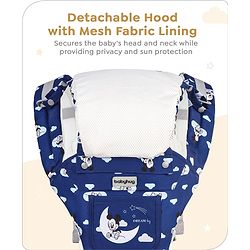 Babyhug Disney Mickey Mouse 9-in-1 Ergonomic Baby Carrier with Hip Seat: Breathable fabric, Detachable hood, Padded straps, Pocket storage, and 9 carrying positions for babies up to 15 kg- Dark Blue