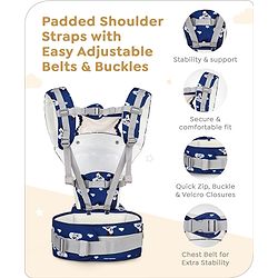 Babyhug Disney Mickey Mouse 9-in-1 Ergonomic Baby Carrier with Hip Seat: Breathable fabric, Detachable hood, Padded straps, Pocket storage, and 9 carrying positions for babies up to 15 kg- Dark Blue