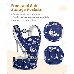 Babyhug Disney Mickey Mouse 9-in-1 Ergonomic Baby Carrier with Hip Seat: Breathable fabric, Detachable hood, Padded straps, Pocket storage, and 9 carrying positions for babies up to 15 kg- Dark Blue