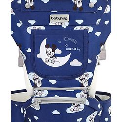 Babyhug Disney Mickey Mouse 9-in-1 Ergonomic Baby Carrier with Hip Seat: Breathable fabric, Detachable hood, Padded straps, Pocket storage, and 9 carrying positions for babies up to 15 kg- Dark Blue