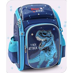 Babyhug School Backpack With Dino Print|1 Main Compartment, 2 Front Pockets, 2 side Bottle Pockets|Water Resistant|Long lasting and Durable Zippers | Comfortable back cushioning | For School, Travel and Outdoors|Blue- 14.5inches