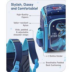 Babyhug School Backpack With Dino Print|1 Main Compartment, 2 Front Pockets, 2 side Bottle Pockets|Water Resistant|Long lasting and Durable Zippers | Comfortable back cushioning | For School, Travel and Outdoors|Blue- 14.5inches