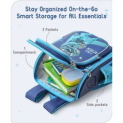Babyhug School Backpack With Dino Print|1 Main Compartment, 2 Front Pockets, 2 side Bottle Pockets|Water Resistant|Long lasting and Durable Zippers | Comfortable back cushioning | For School, Travel and Outdoors|Blue- 14.5inches