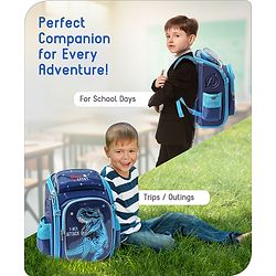 Babyhug School Backpack With Dino Print|1 Main Compartment, 2 Front Pockets, 2 side Bottle Pockets|Water Resistant|Long lasting and Durable Zippers | Comfortable back cushioning | For School, Travel and Outdoors|Blue- 14.5inches