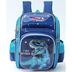 Babyhug School Backpack With Dino Print|1 Main Compartment, 2 Front Pockets, 2 side Bottle Pockets|Water Resistant|Long lasting and Durable Zippers | Comfortable back cushioning | For School, Travel and Outdoors|Blue- 14.5inches