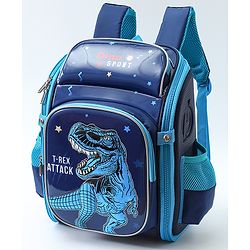 Babyhug School Backpack With Dino Print|1 Main Compartment, 2 Front Pockets, 2 side Bottle Pockets|Water Resistant|Long lasting and Durable Zippers | Comfortable back cushioning | For School, Travel and Outdoors|Blue- 14.5inches