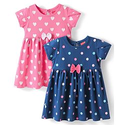 Babyhug Single Jersey Knit Half Sleeves Heart & Polka Dots Printed Frocks with Bow Applique Pack of 2 - Pink & Blue