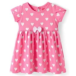 Babyhug Single Jersey Knit Half Sleeves Heart & Polka Dots Printed Frocks with Bow Applique Pack of 2 - Pink & Blue
