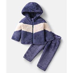 Babyhug Woven Full Sleeves Hooded Fur Winter Wear Suit with Colour Block Design - Navy Blue
