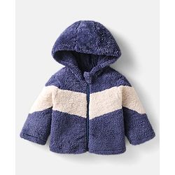 Babyhug Woven Full Sleeves Hooded Fur Winter Wear Suit with Colour Block Design - Navy Blue