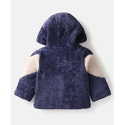 Babyhug Woven Full Sleeves Hooded Fur Winter Wear Suit with Colour Block Design - Navy Blue