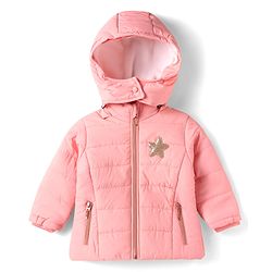 Babyhug Woven Full Sleeves Hooded Padded Jacket With Star Applique & Removable Hood - Pink