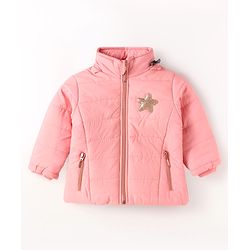 Babyhug Woven Full Sleeves Hooded Padded Jacket With Star Applique & Removable Hood - Pink